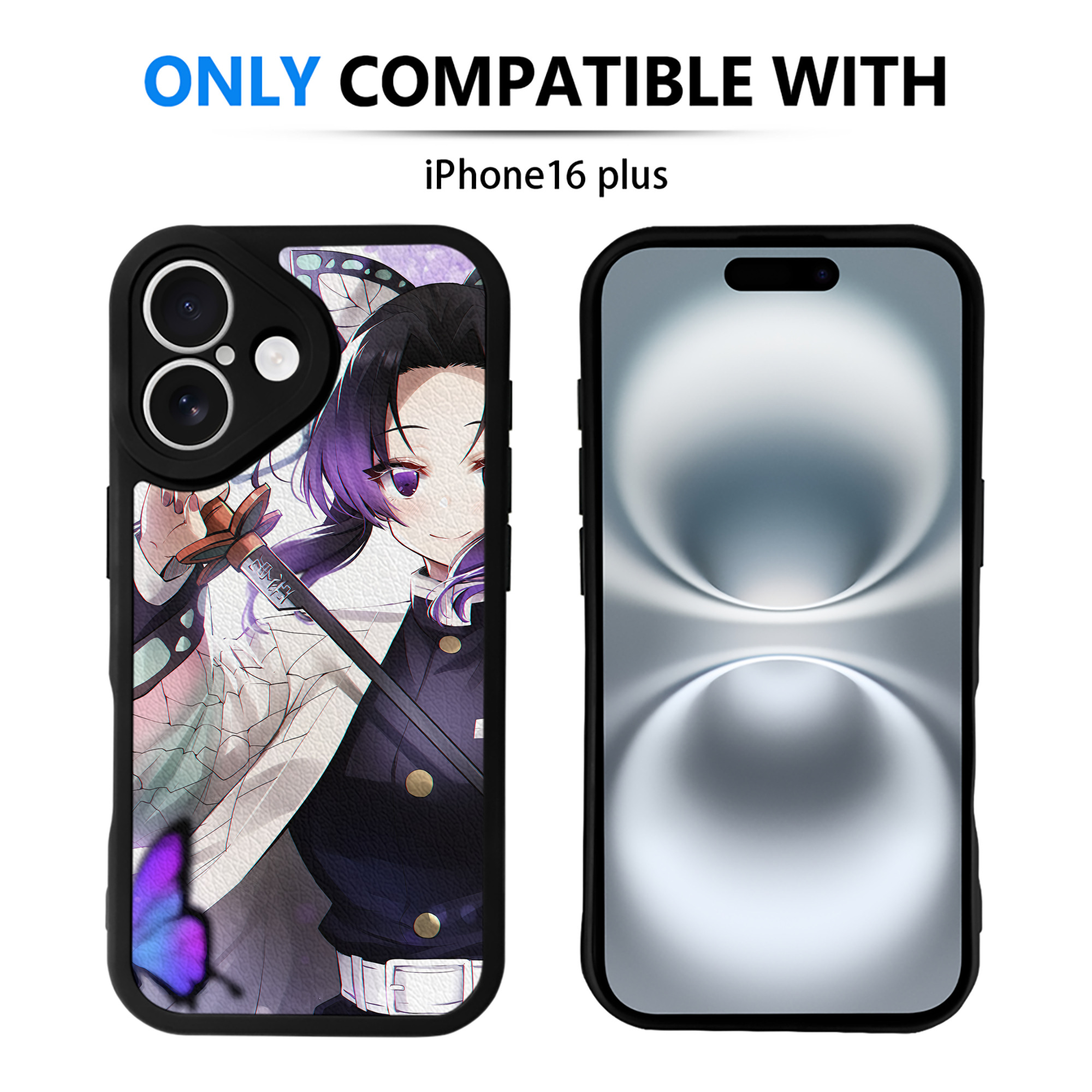 （画像用） 鬼滅の刃（きめつのやいば）蟲柱-胡蝶 しのぶ／こちょう しのぶ Kochou Shinobu 【iPhone 16シリーズ対応】シリコンスマホケース（レザー調） 材質：シリコン